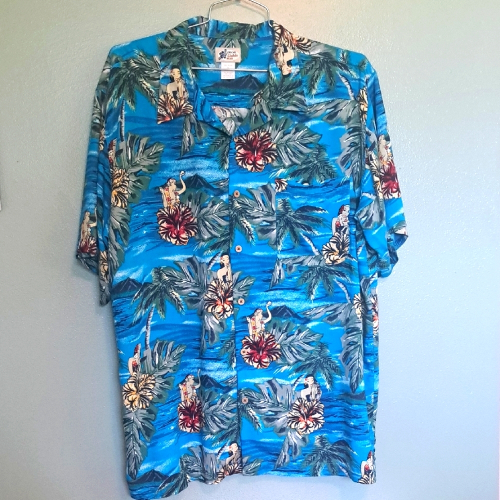 Hula Girl Tropical Button Front Shirt Mens XL